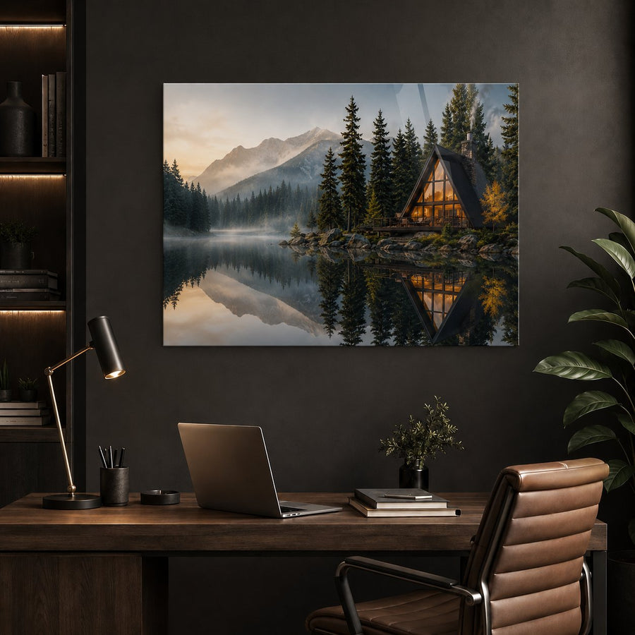 A framed wall art print depicting a mountain lake scene with a glowing cabin, pine trees, and misty peaks, displayed above a wooden desk in a modern home office setting.
