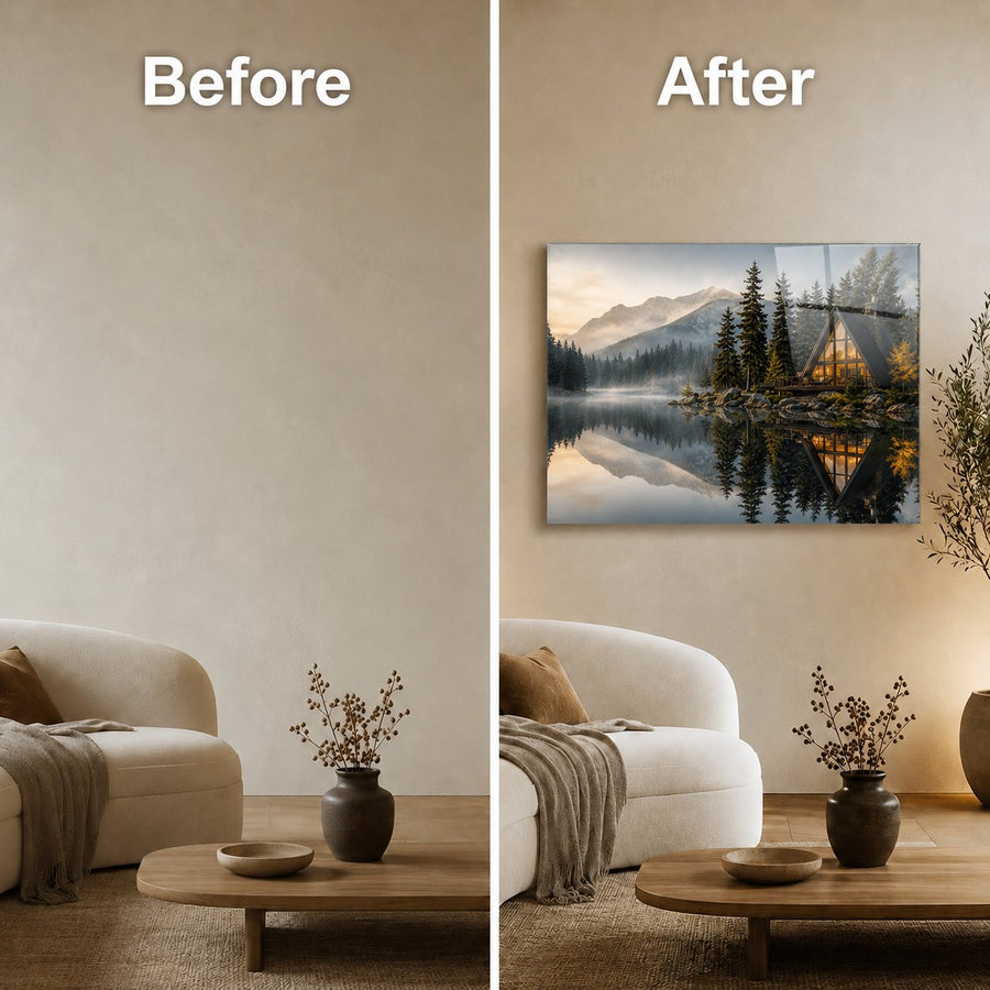 A side-by-side before and after comparison showing a framed wall art print hanging above a sofa in a living room. The left side shows an unremarkable beige wall, and the right side shows the same wall with the framed print above it, which displays a scenic landscape of a cabin by a lake at dusk.