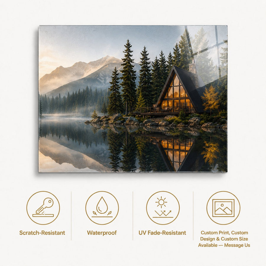 A rectangular wall art print showing a mountain lake scene with evergreen trees and a glowing A-frame cabin, displayed on a light background with feature icons below for scratch resistance, waterproofing, UV fade resistance, and custom print options.