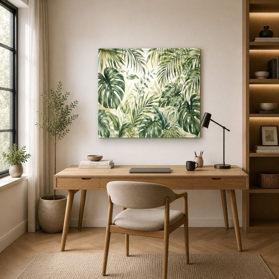 An elegant hallway showcasing a series of nature-inspired glass wall prints, highlighting the sleek float mount.