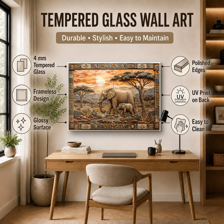 Close-up angle of the glossy tempered glass surface reflecting light on an elephant family art piece