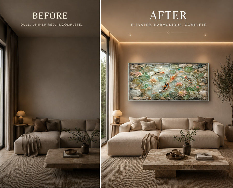 Close-up of the Japanese zen koi fish glass art showing the high-gloss reflective finish in a bright bedroom.