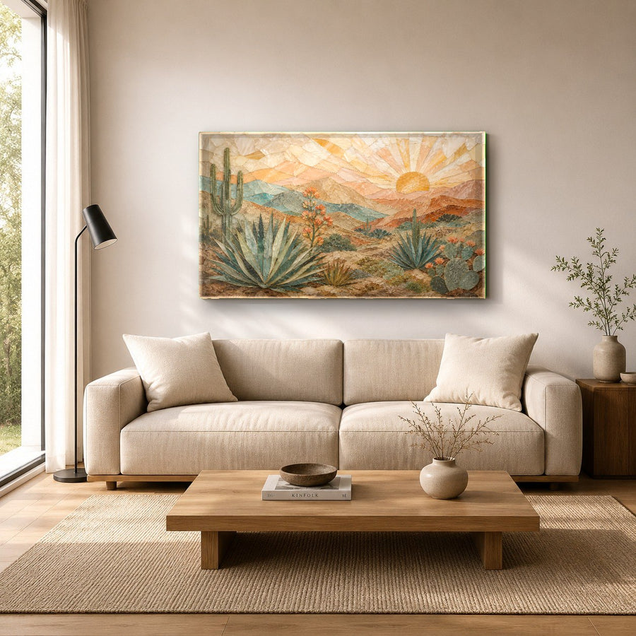 Cozy cabin living area styled with the Western Sunrise Glass Wall Art and warm ambient lighting
