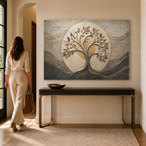 A large Tree with Leaves glass print mounted above a beige sofa in a sunlit modern living room.