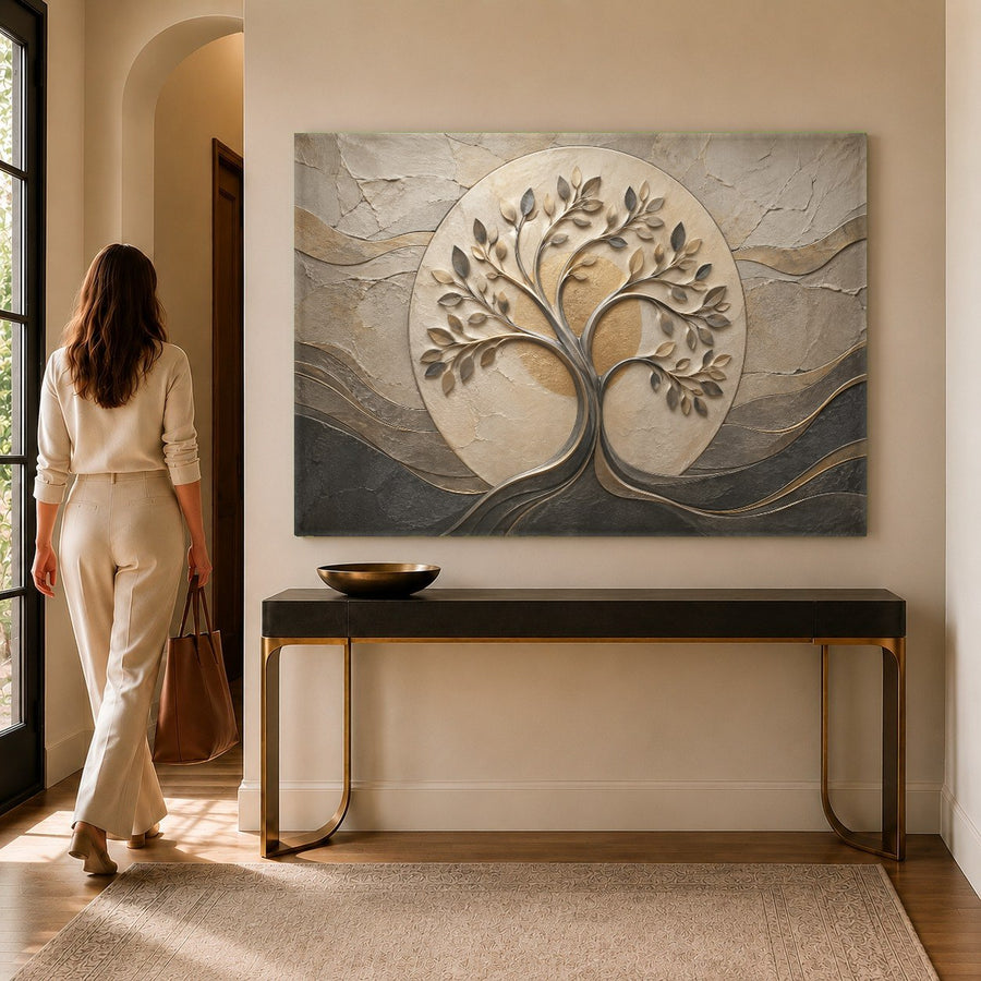 Close-up of botanical tree glass wall art showing the vivid green leaves in a minimalist bedroom setup.