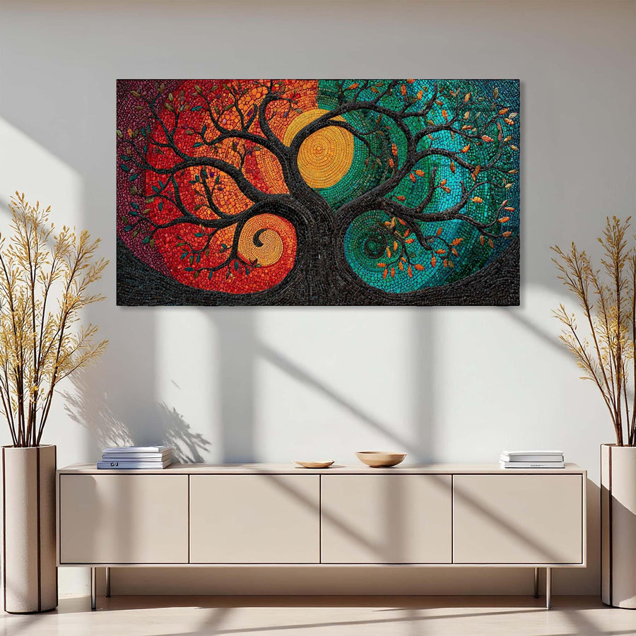 Colorful abstract wall art above a light-colored cabinet with decorative plants on either side.