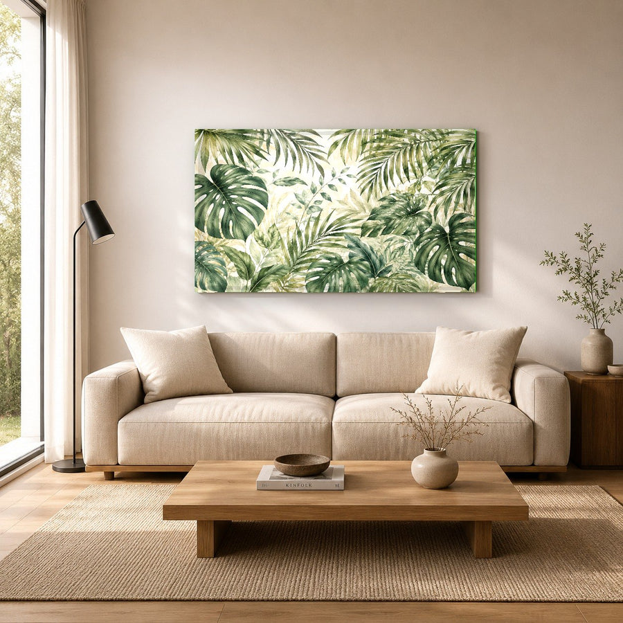 An office wall decorated with a vibrant jungle canopy glass art piece, creating a refreshing professional space.
