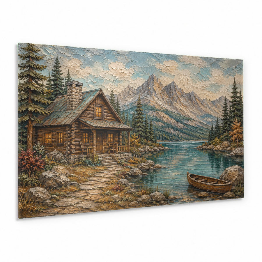 Lake Cabin Glass Wall Art hanging above a rustic stone fireplace in a cozy living room