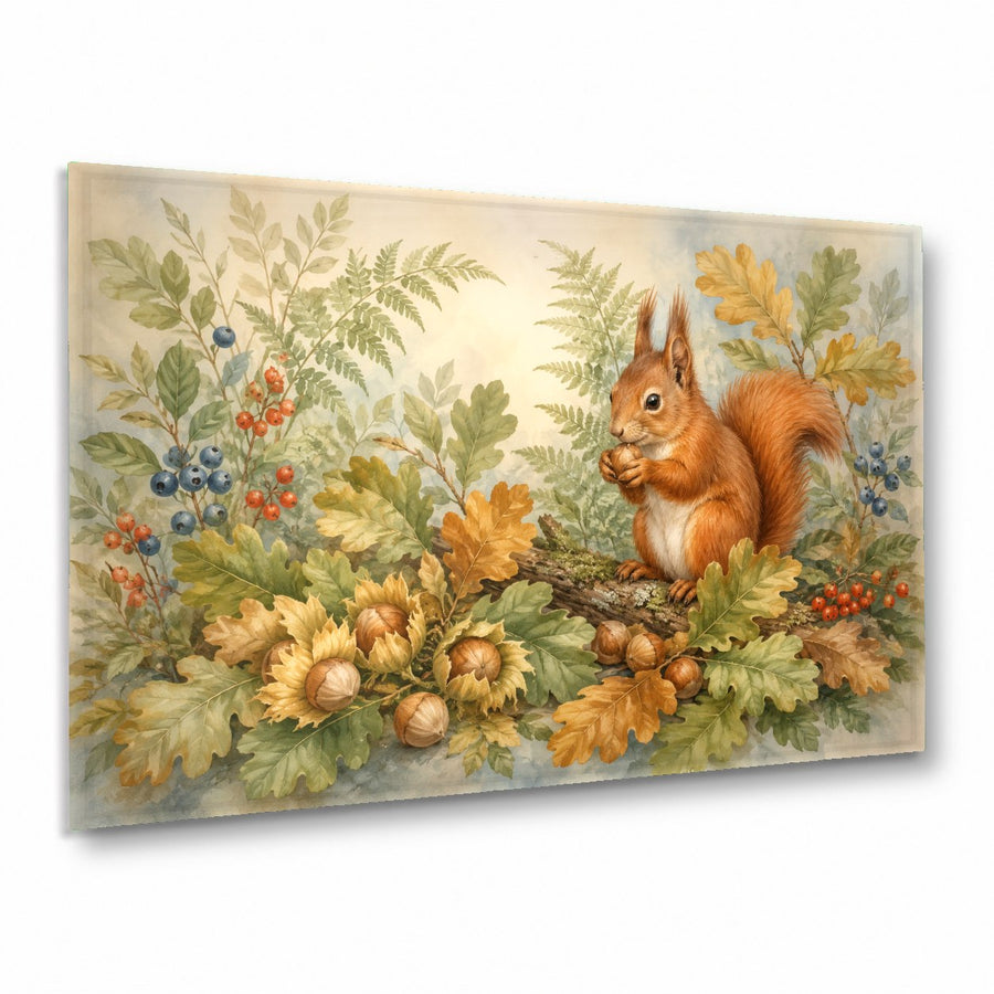 Squirrel glass wall art hanging above a cozy living room sofa