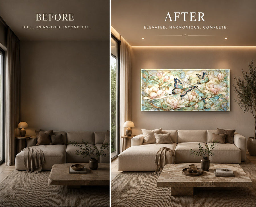 Elegant butterfly glass print styled on a dark accent wall in a chic corporate office lobby.