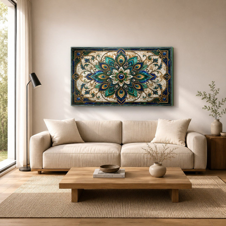 Side angle of a glossy floral mandala glass print showing the sleek aluminum float frame in a cozy reading nook.