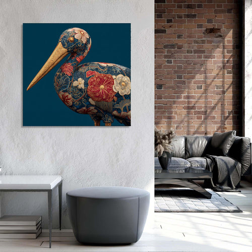 Decorative artwork of a stylized bird with floral patterns on a dark blue background