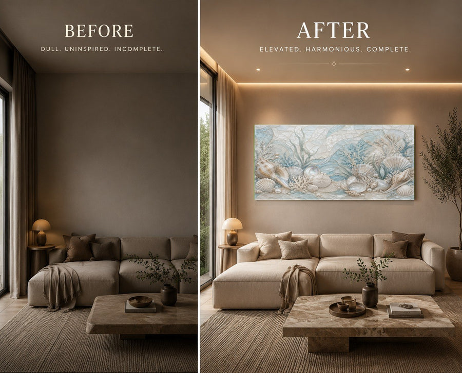 Frameless ocean-themed glass artwork mounted on a gray accent wall in a serene master bedroom.