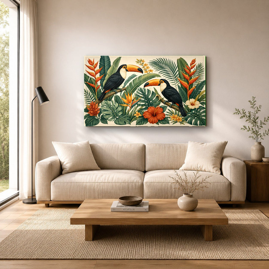 Green botanical glass print displayed in a contemporary home office
