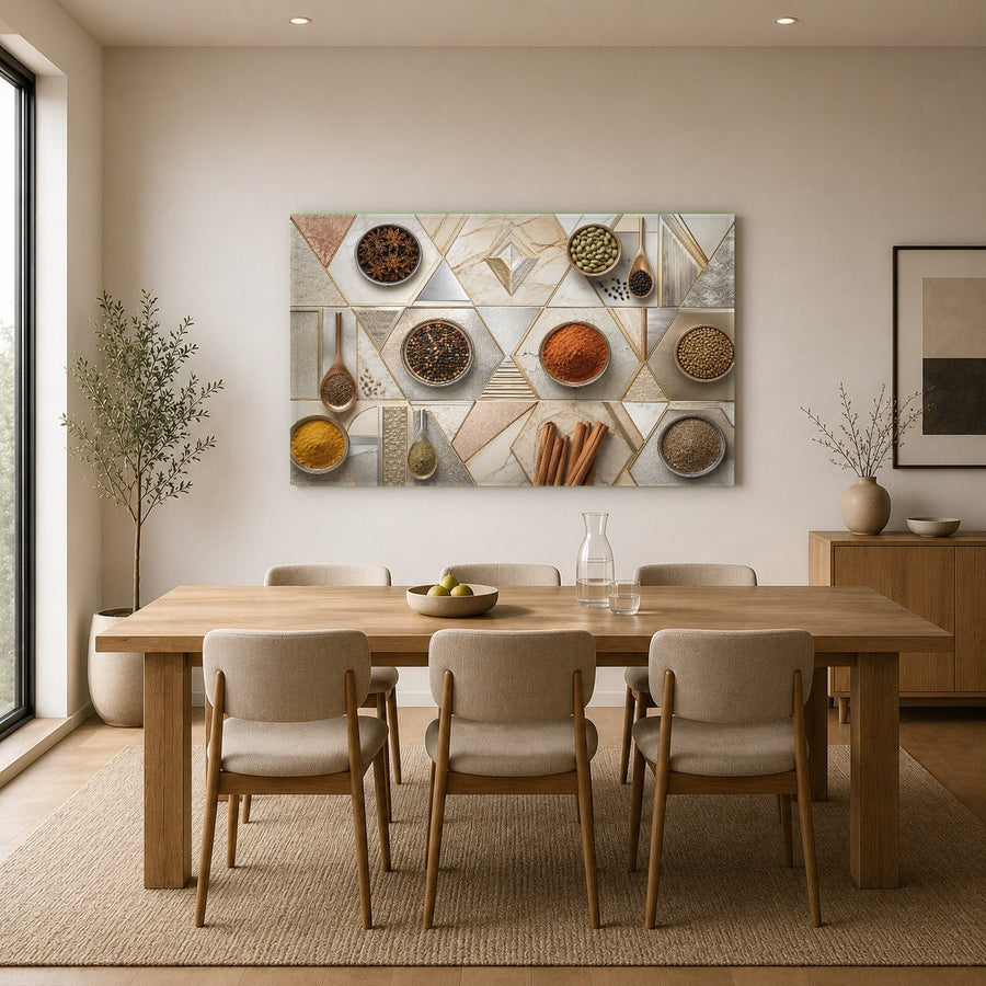 Frameless glass print of colorful spices styled in a rustic farmhouse kitchen setting.