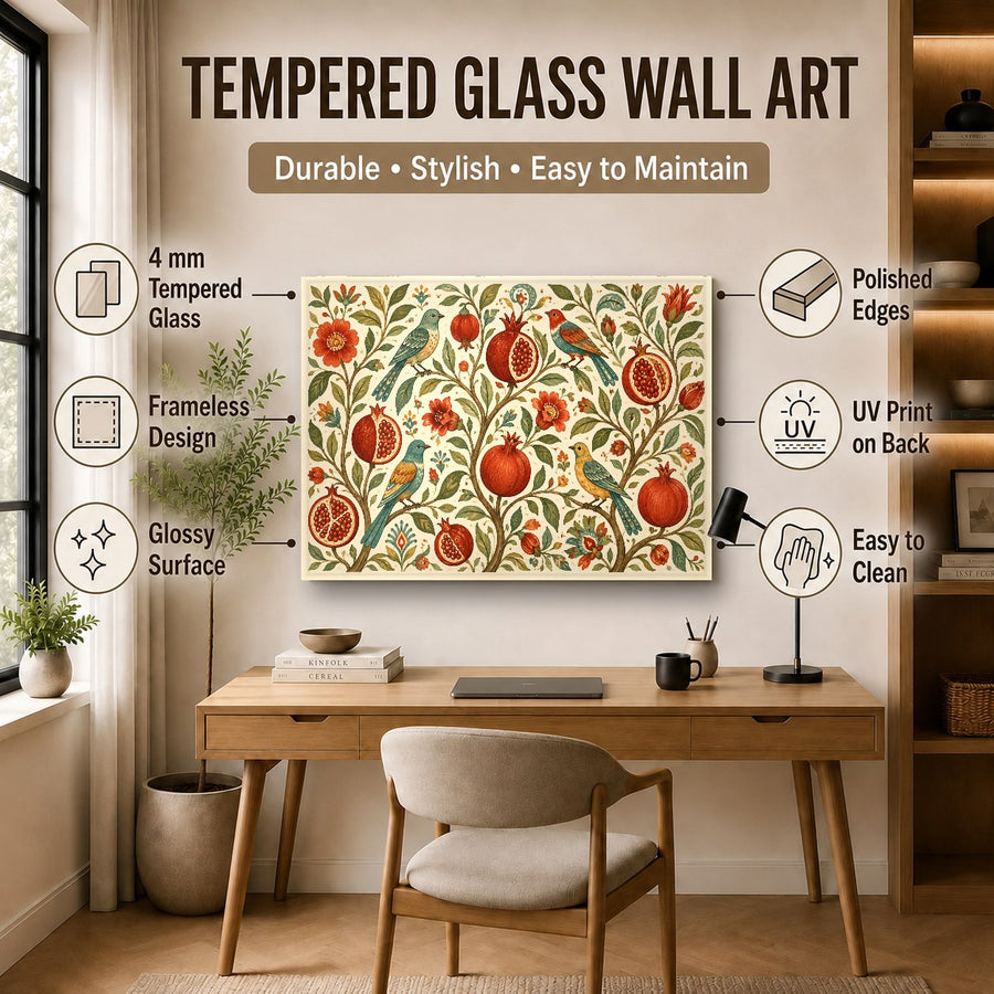 Kitchen wall decor featuring vibrant fruit print above a white quartz countertop