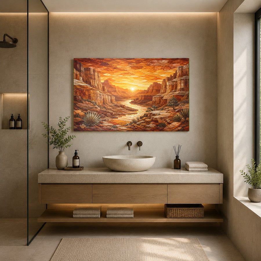 A spa relaxation room displaying a serene desert sunset glass wall art print to create a warm, peaceful atmosphere.