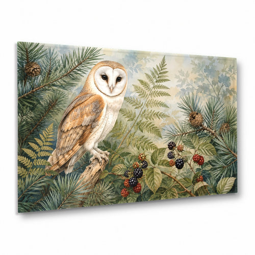 Owl Forest Glass Wall Art hanging above a modern neutral sofa in a brightly lit living room