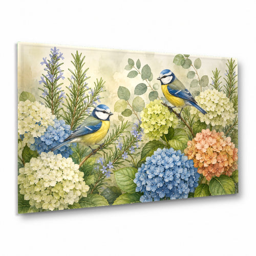 Song birds glass wall art hanging above a modern living room sofa