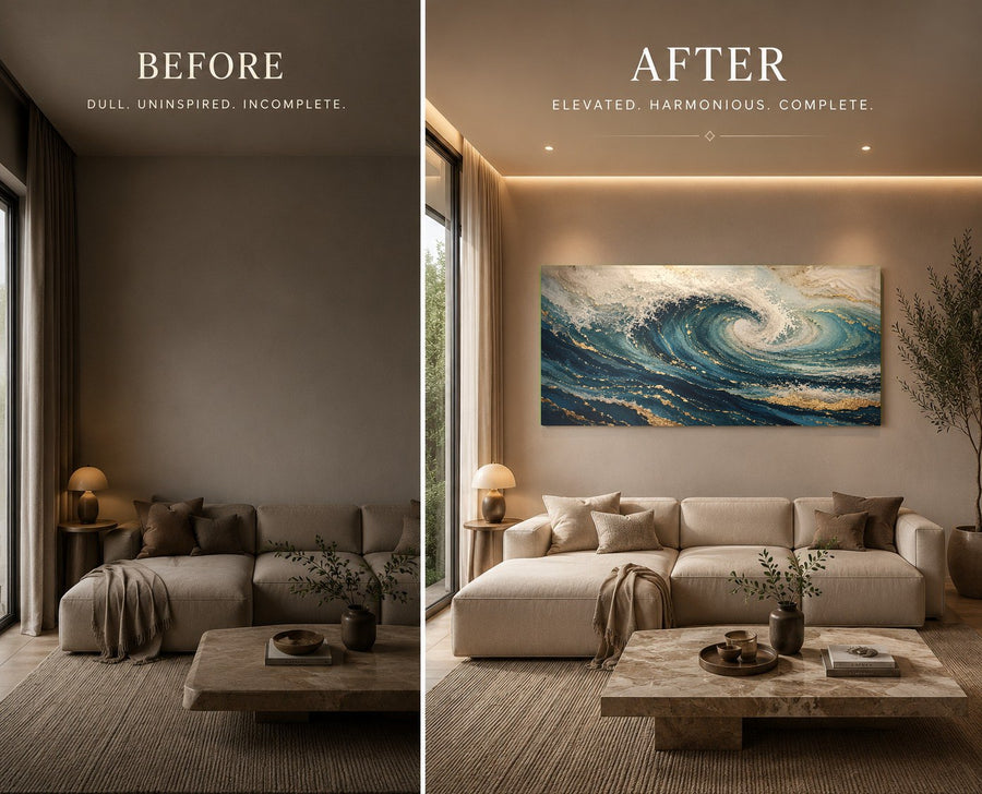 A serene bedroom featuring a large ocean waves glass print centered above a king-size bed with blue linens.