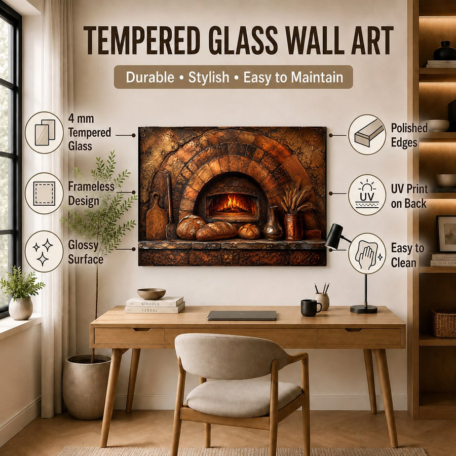 A large Rustic Oven glass wall art piece displayed in a warm, inviting Italian restaurant dining area.