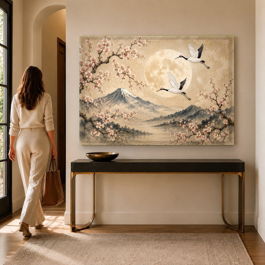 Elegant Japanese crane glass print hanging over a king-sized bed with white linens in a serene bedroom.