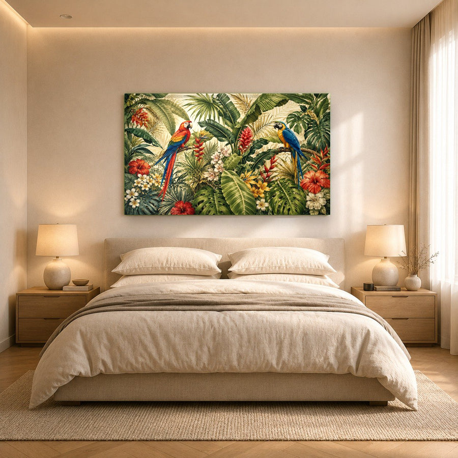 Large tropical bird glass art piece anchoring a bohemian-inspired lounge space