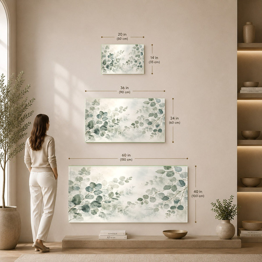 Tempered glass botanical print hanging in a serene wellness center waiting room above a wooden bench.