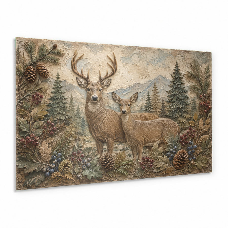 Deer Family Glass Wall Art mounted in a modern rustic living room above a stone fireplace