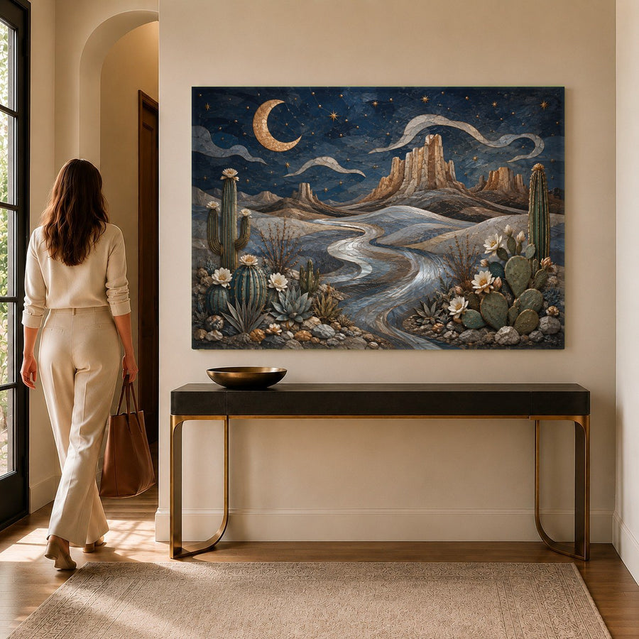 Close-up of the Desert Moon tempered glass wall art showing the glossy, reflective finish in a bright, sunlit hallway.