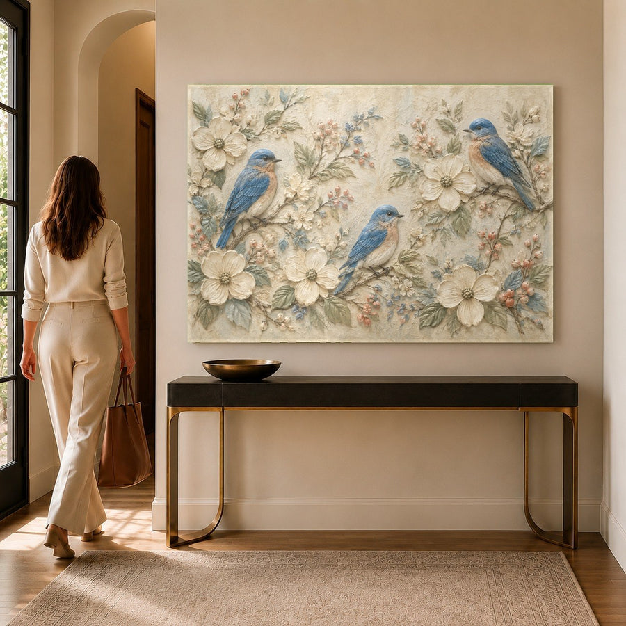 Close-up angle of blue bird tempered glass print showing glossy texture