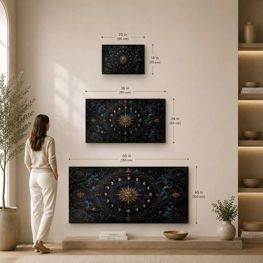 Elegant celestial glass wall art hanging on a navy blue wall in a minimalist hotel lobby setting.