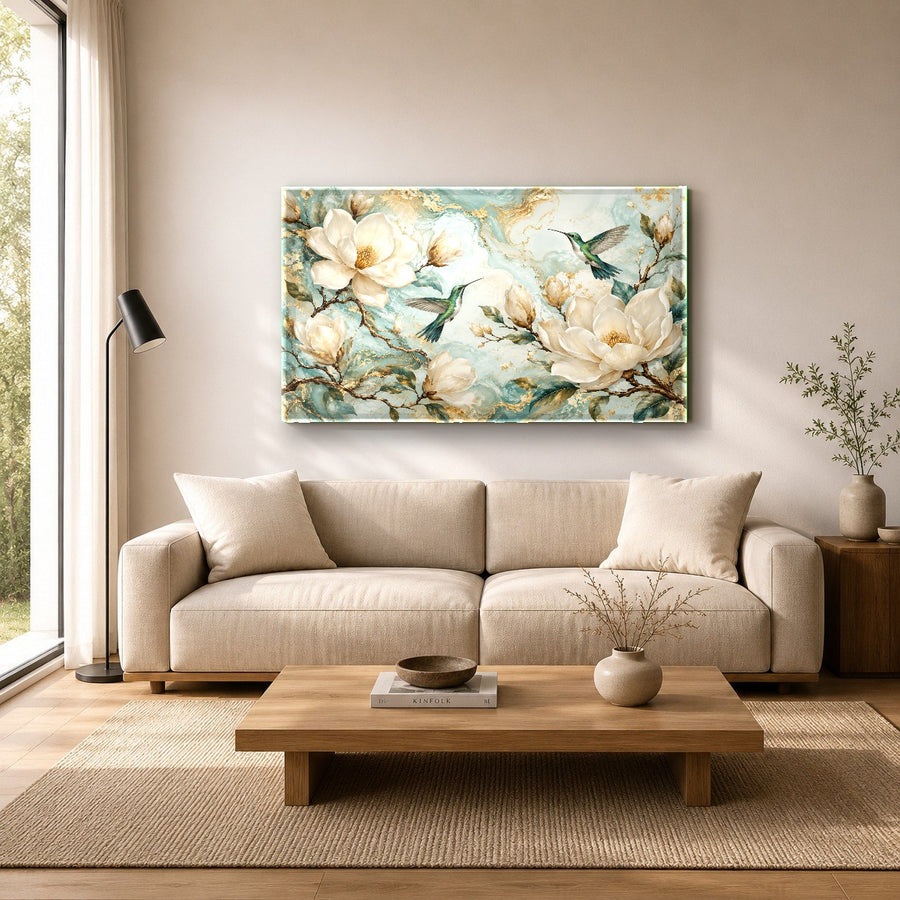 Side angle of a glossy hummingbird glass print catching the light in a contemporary hallway.