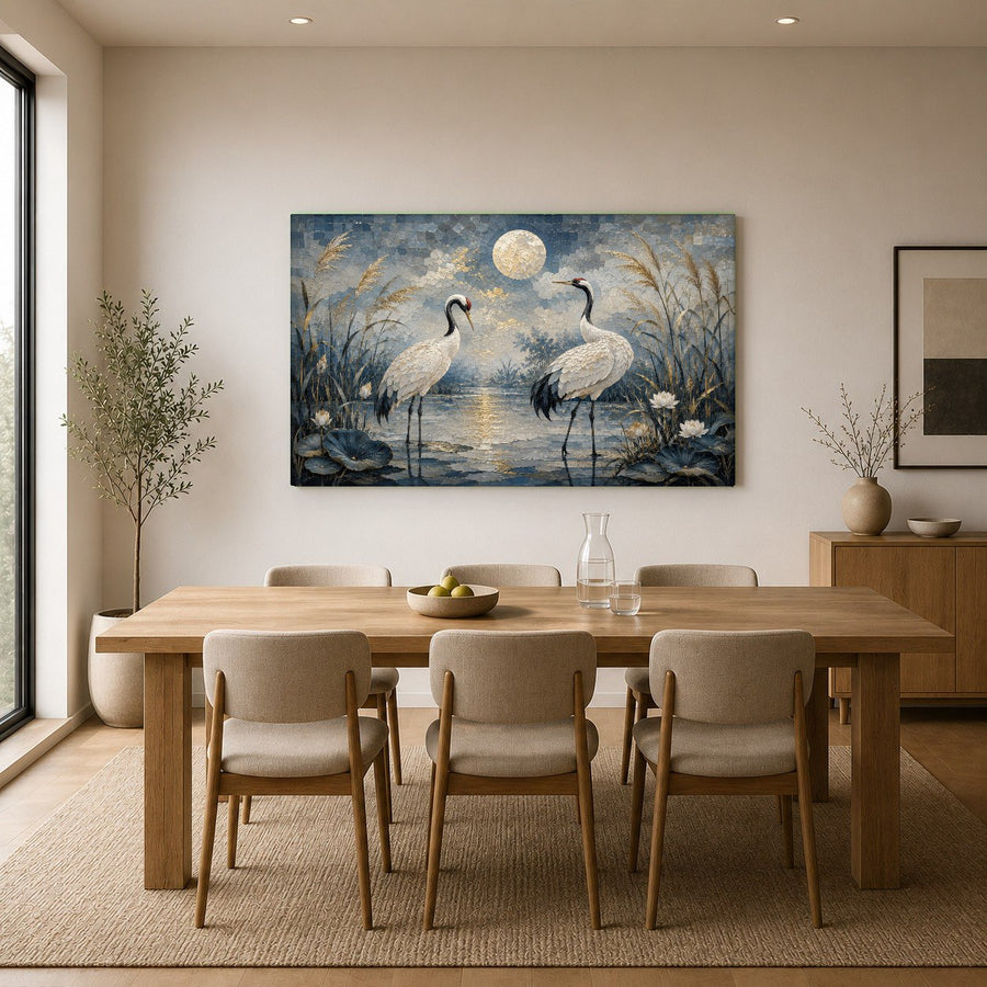 Moon Cranes tempered glass artwork reflecting soft ambient lighting in a luxury hotel lobby lounge.