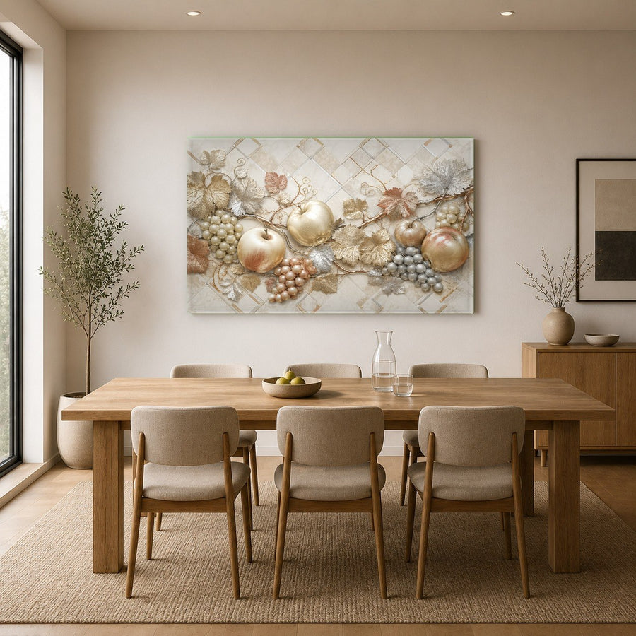 Stunning vineyard glass print highlighting rich details and colors on a neutral wall in a luxury tasting room.