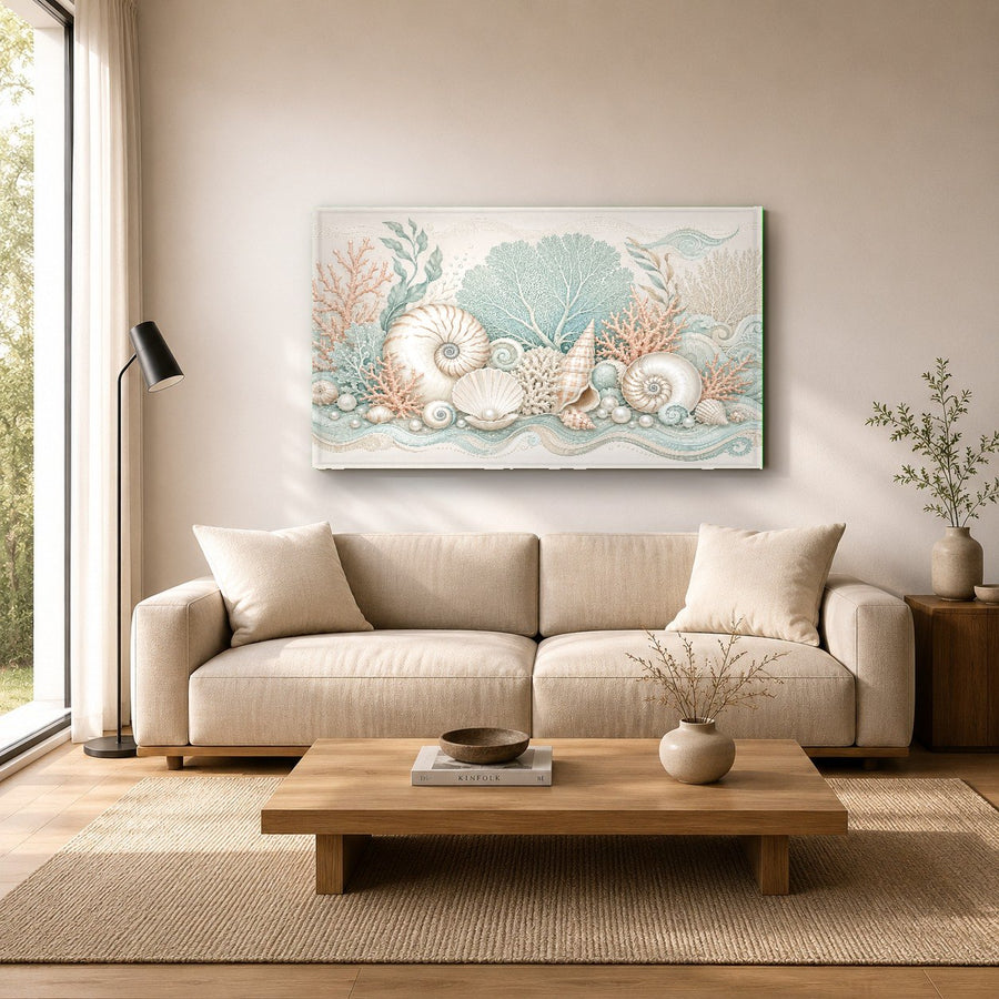 Close up angle of Coastal Shell Glass Wall Art showing high gloss tempered glass