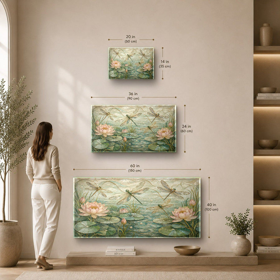 Bright, minimalist hallway displaying a vibrant emerald and gold dragonfly glass wall art piece.
