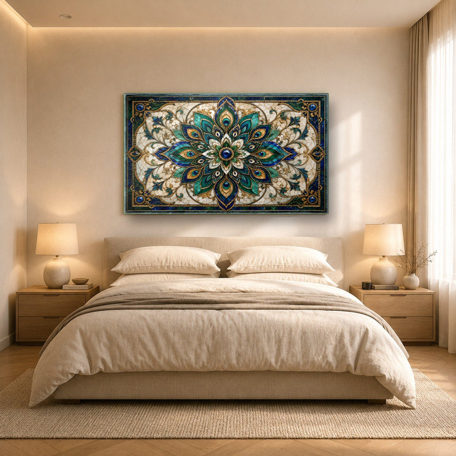 Symmetrical floral mandala tempered glass artwork creating a peaceful ambiance in a zen-style spa treatment room.