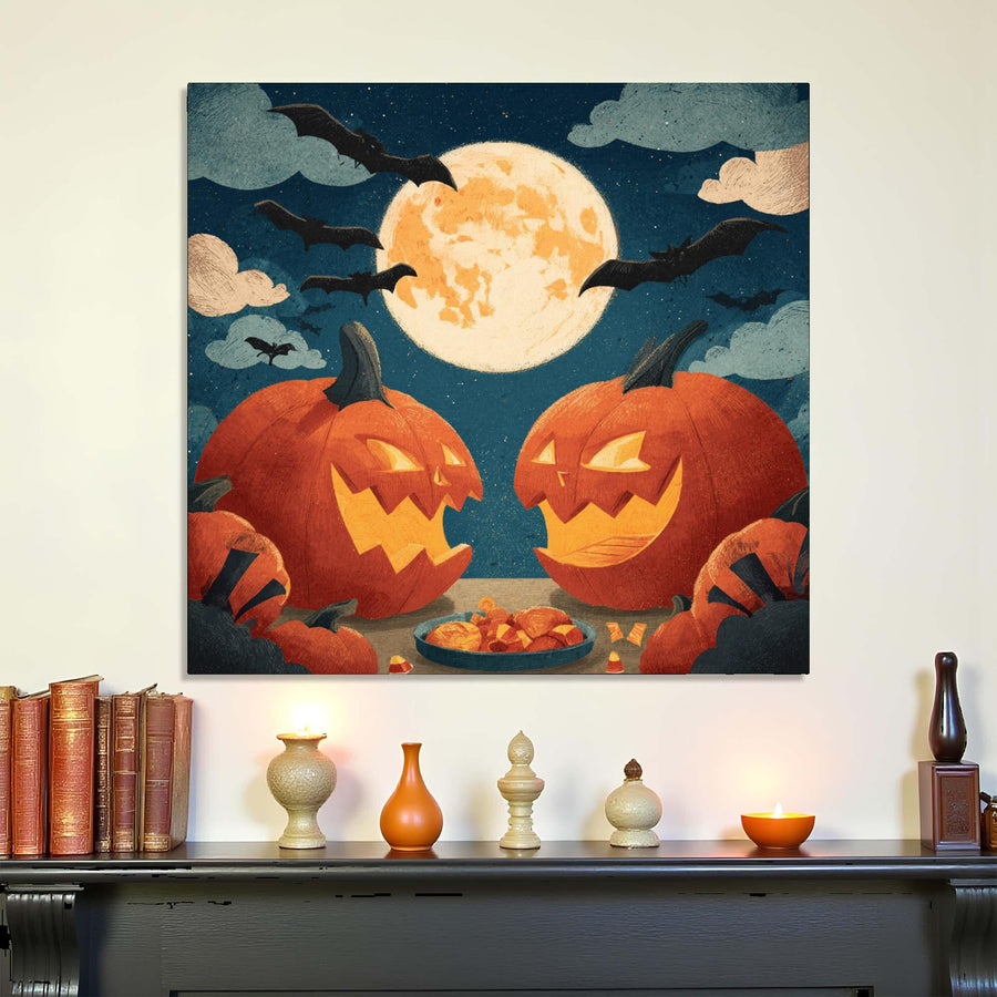 Halloween-themed wall art with pumpkins and a full moon on a shelf with decorative items.