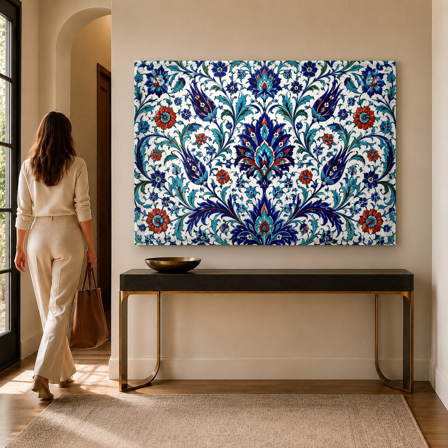 Turkish ceramic pattern tempered glass print adding a luxury Mediterranean touch to a white kitchen wall.