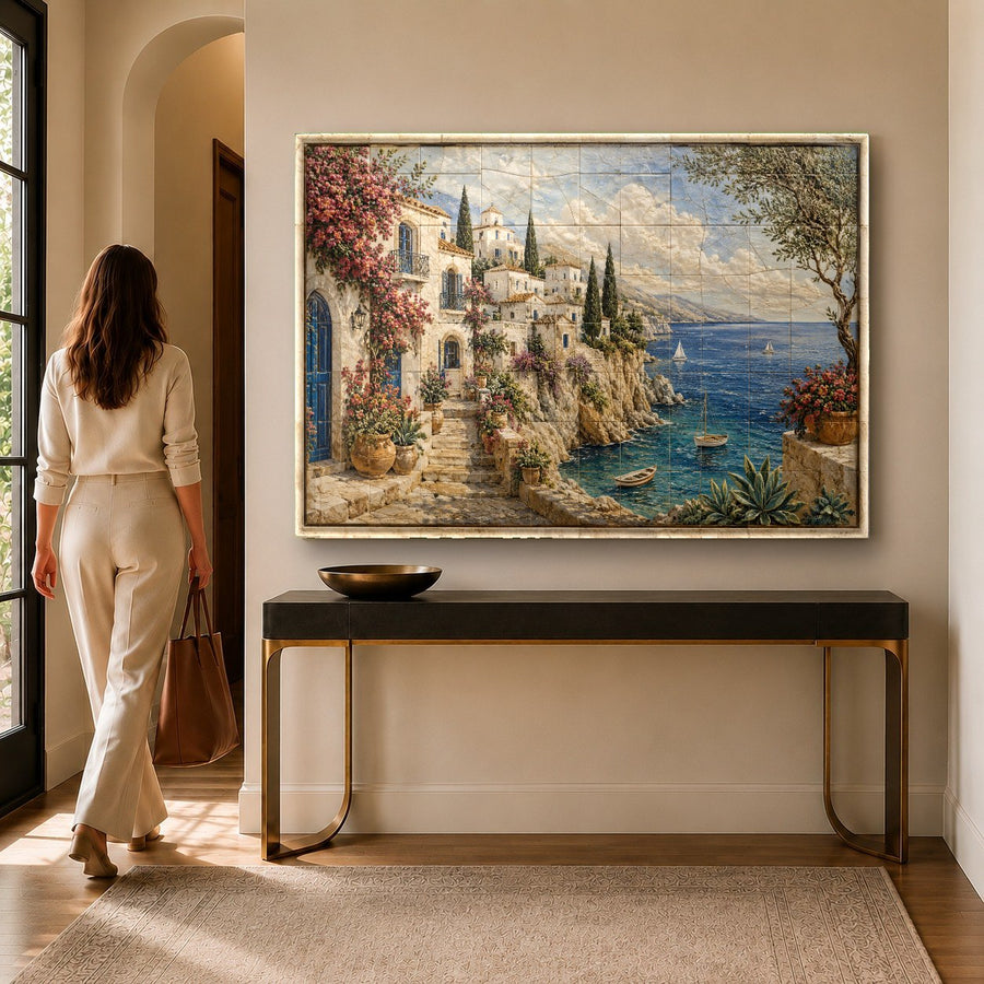 Mediterranean landscape glass print displayed in a luxury dining room