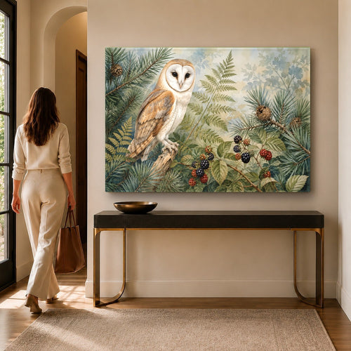 Owl Forest Glass Wall Art hanging above a modern neutral sofa in a brightly lit living room