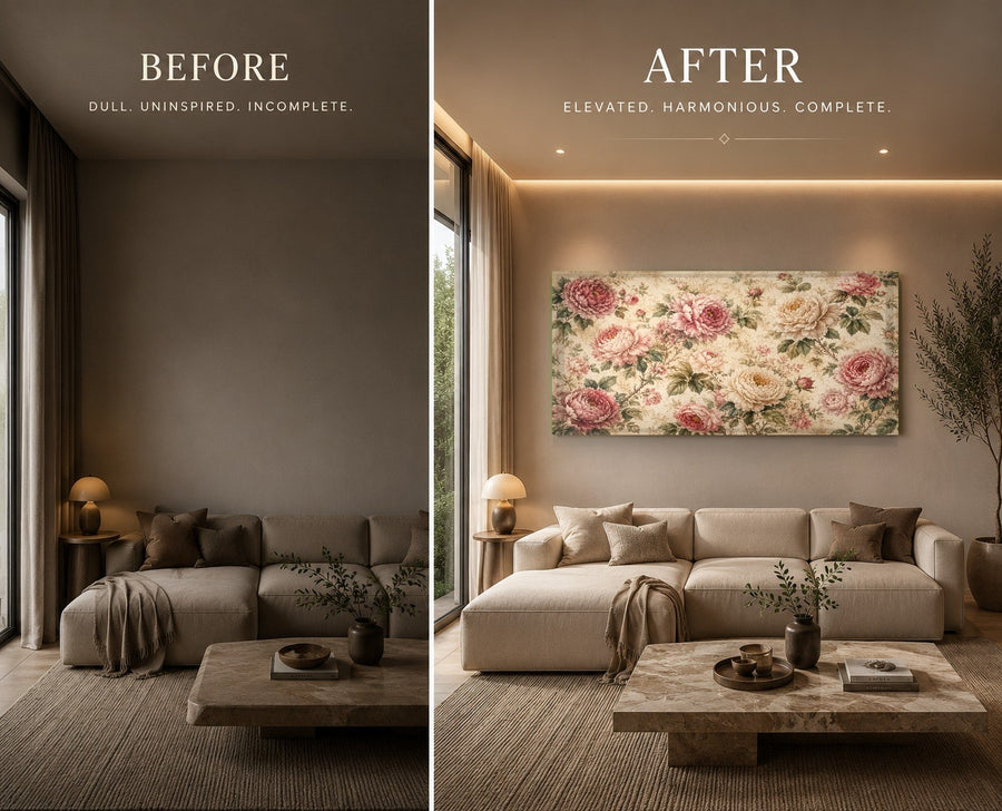A cozy reading nook featuring vintage botanical glass wall art illuminated by a warm floor lamp.