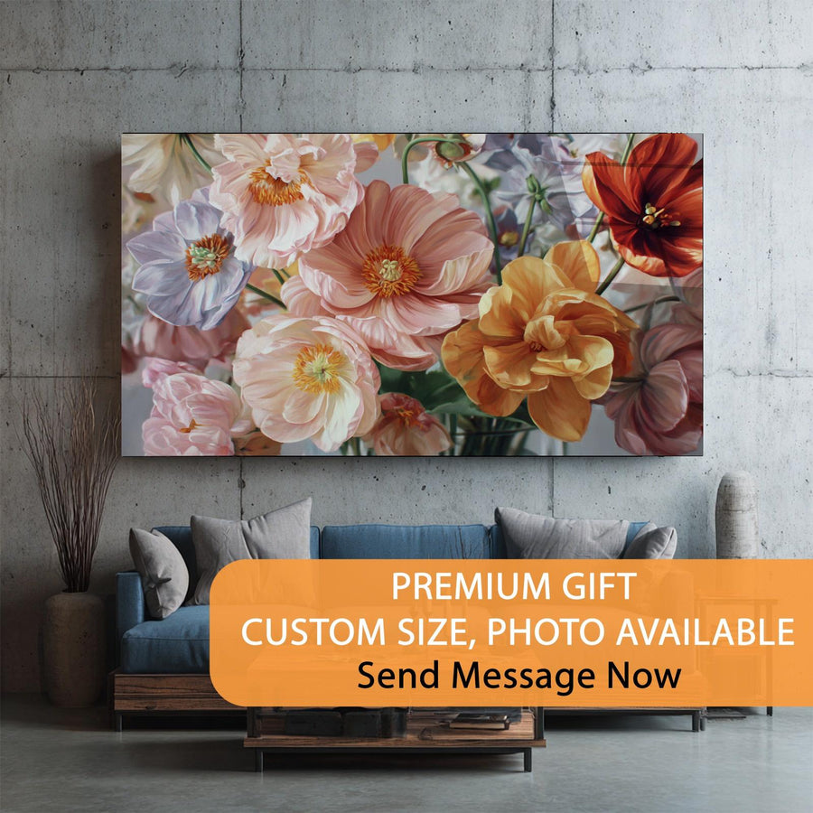 Floral painting on a wall above a sofa with promotional text overlay.