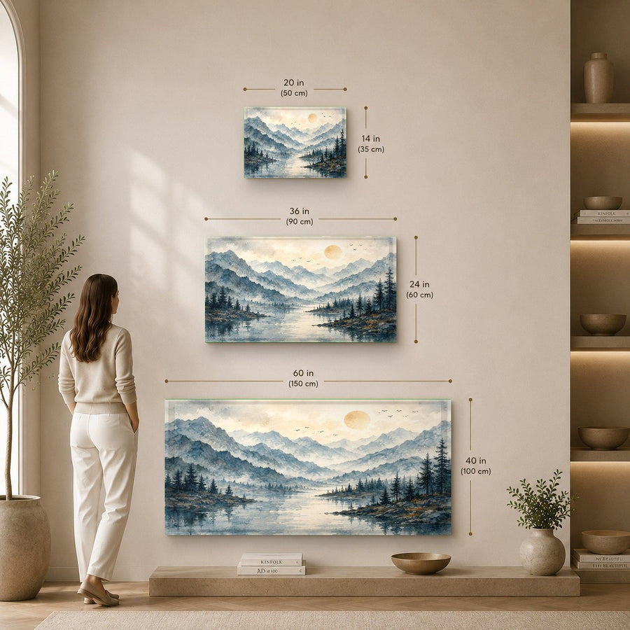 Large-scale Misty Lake glass wall decor positioned above a wooden credenza in a contemporary dining area.