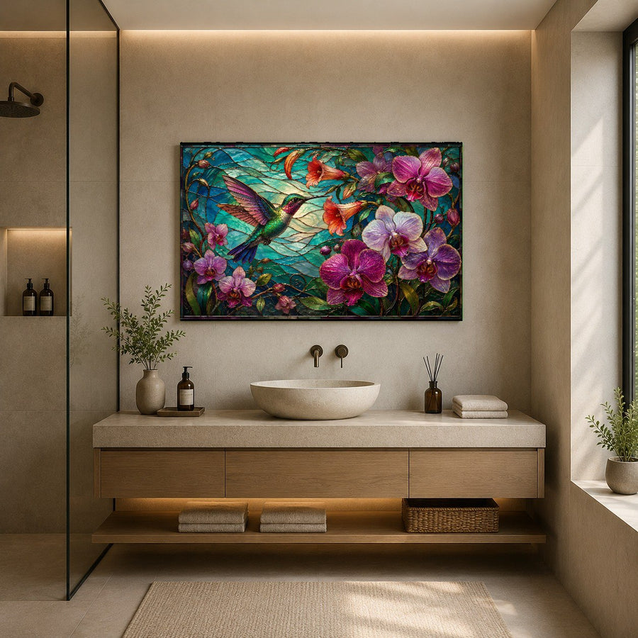 Colorful botanical glass wall art adding a touch of nature to a cozy reading nook with a velvet armchair.