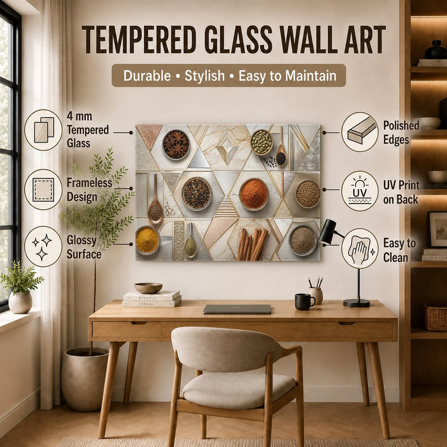 Vibrant spice-themed glass wall decor hanging on a brick wall in a cozy cafe.