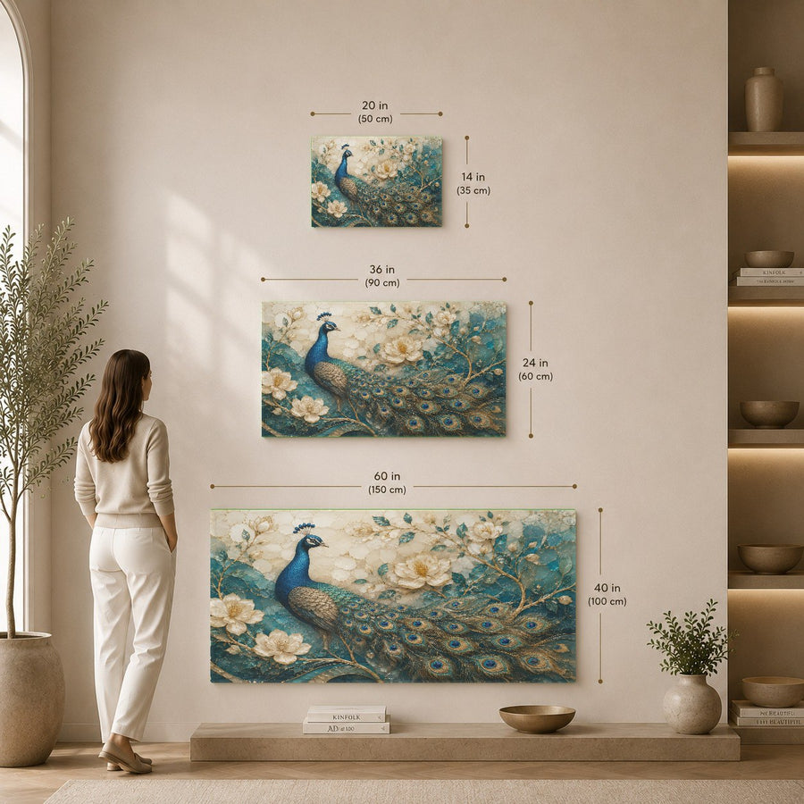 Side angle view of the frameless tempered glass peacock art showing the sleek glossy finish and depth.