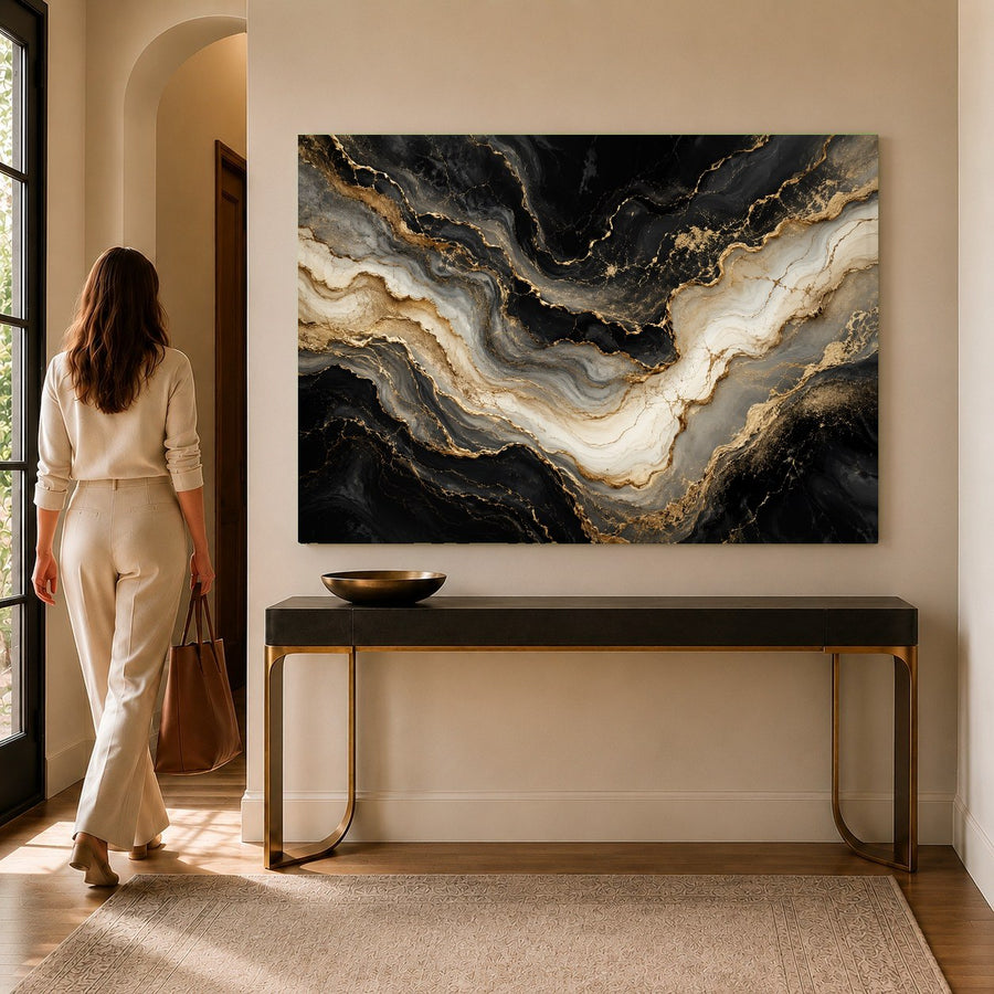 A close-up of the golden marble tempered glass print showcasing the vibrant gold veins and high-gloss finish.