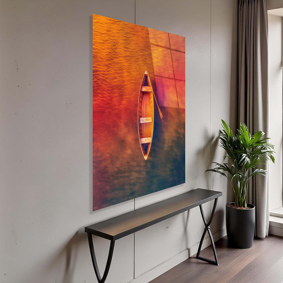 Modern interior with a bench, plant, and colorful wall art of a boat on water.